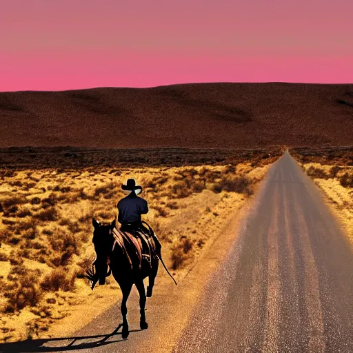 Image similar to lone cowboy walking his horse down a road into the sunset, desert, real photo, photo realism, sad