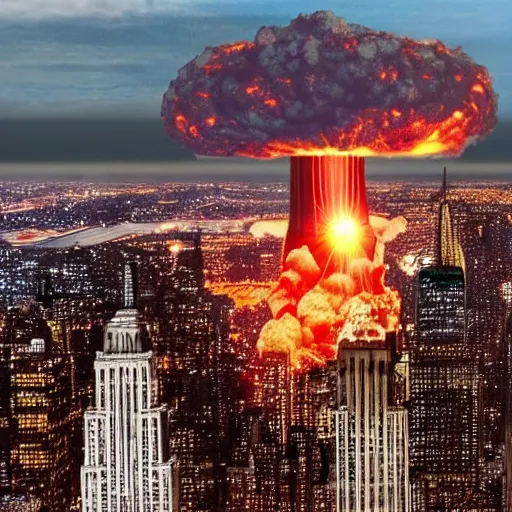 Prompt: nuclear explosion in New York city, very very very detailed, super high quality, UHD, Ray tracing, realistic