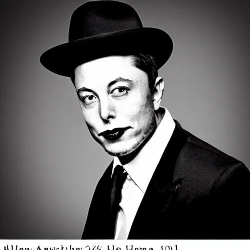 Prompt: a glamorous black and white portrait of elon musk with a hat, in the style of george hurrell