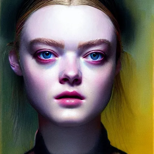 Prompt: a striking hyper real painting of cyberpunk Elle Fanning by Johannes Vermeer