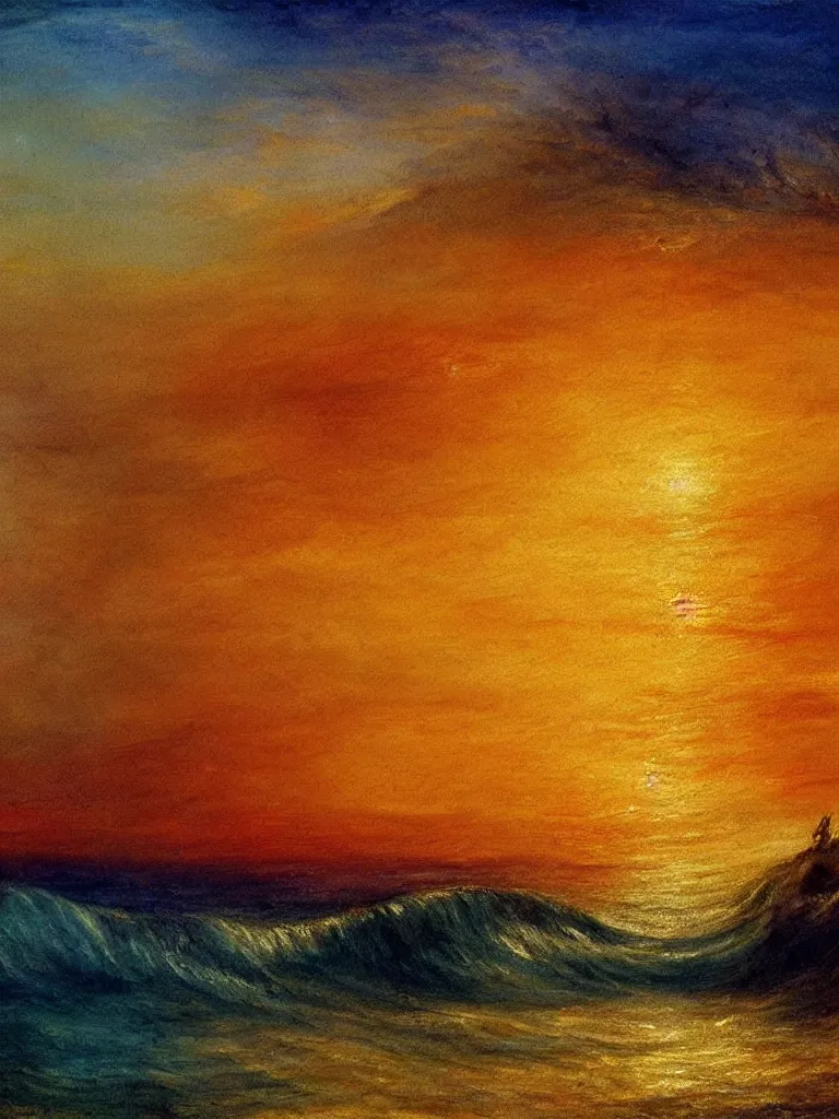 Image similar to a painting of beautiful waves in a colorful ocean during a breathtakingly misty sunset in the style of Joseph Mallord William Turner, artstudio, light oil color scheme