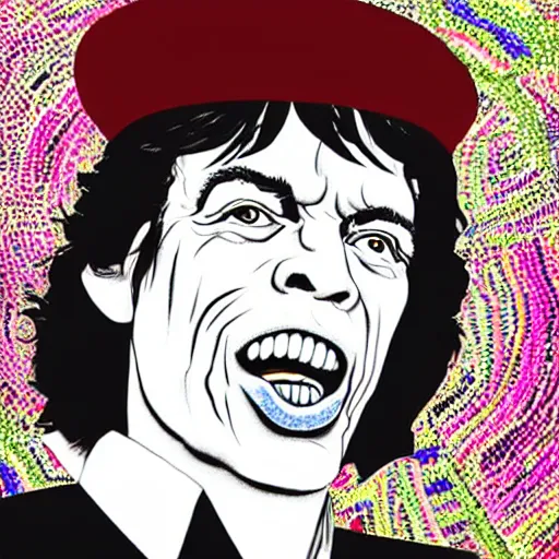 Image similar to mick jagger wearing a voodoo hat and a black cape, art by meow wolf