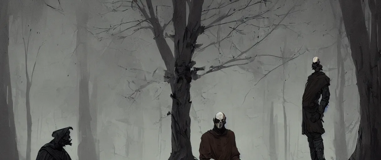 Image similar to comic noir illustration 3 / 4 portrait of bald merchant no beard with a glowing eyes in medieval clothes brown tunic sitting below willow tree in a foggy evening by sachin teng and sergey kolesov and ruan jia and heng z. graffiti art, scifi, fantasy, hyper detailed. octane render. concept art. trending on artstation