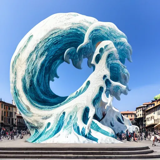 Prompt: A white and blue marble sculpture of The Great Wave off Kanagawa in the middle of an Italian piazza, midday, 4k photograph, sunny day, long shot, overhead view, far away