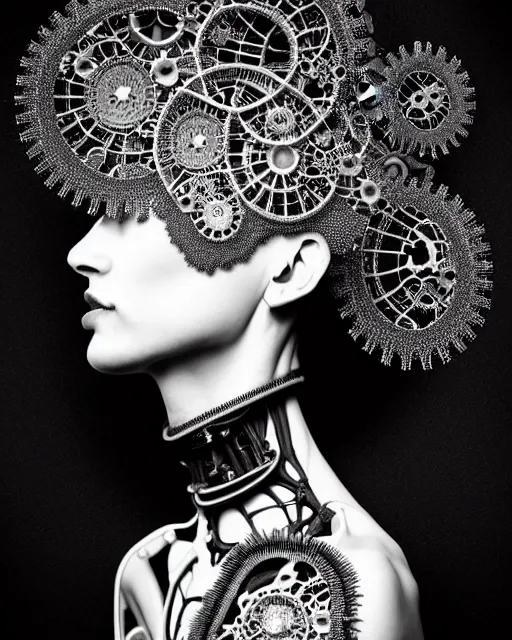 Prompt: surreal black and white photo portrait of complex biomechanical young female cyborg with a mandelbrot fractal metal fine lace face, silver hair, 150 mm lens, soft rim light, fine metal floral foliage super big lace collar, Alexander McQueen, high fashion, haute couture, rococo, steampunk, silver filigree details, anatomical, facial muscles, cable wires, microchip, elegant, hyper realistic, octane render, unreal engine, by Man Ray and Dora Maar, volumetric lighting, 8k,