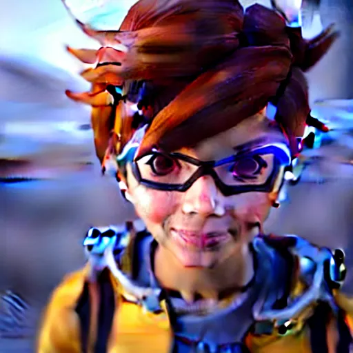 Image similar to a young girl with the appearance of tracer from overwatch, design, octane render, 4 k, ingame shot