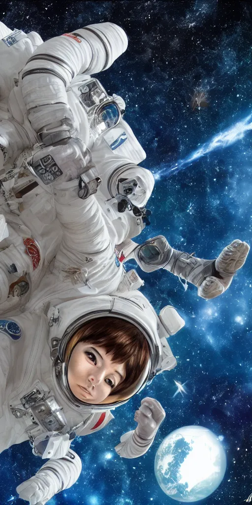 Image similar to female astronaut floating through space, liminal, lonely, highly detailed, trending on art station, anime wallpaper