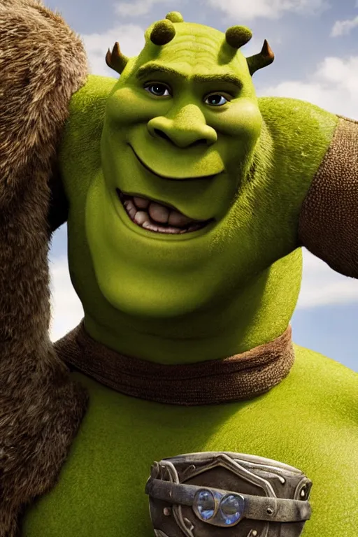 Image similar to Chris Pratt as Shrek in live action adaptation, green skin, set photograph in costume, official trailer