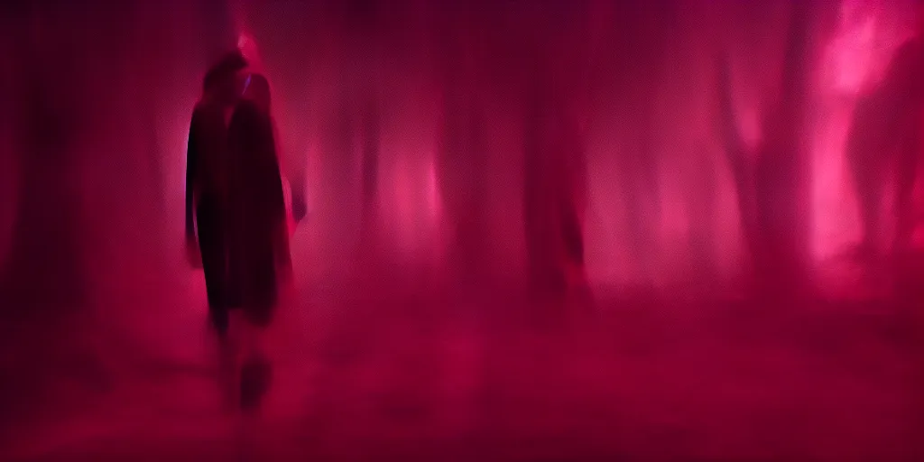 Image similar to screenshot of Luke Skywalker in dark jedi robe is lost on a surreal pink planet with black trees, minamilist 1970s sci fi film by Stanely Kubrick film, color kodak, Ektachrome, anamorphic lenses, detailed faces, hyper-realistic, photoreal, detailed portrait, moody award winning cinematography, beautiful lighting