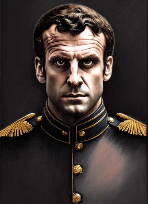 Image similar to portrait of stoic looking emmanuel macron as in the vigo carpathian painting, full body, military uniform, fantasy, intricate, elegant, beautiful, highly detailed, charcoal, centered, dark, smokey, digital painting, artstation, concept art, smooth, sharp focus, illustration, art by artgerm and greg rutkowski and alphonse mucha