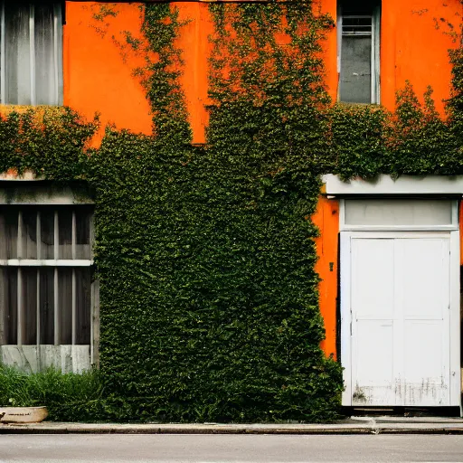 Image similar to overgrown building with white walls, orange light comes from inside, night