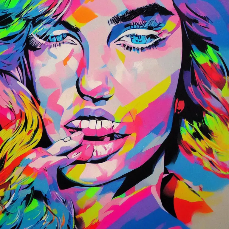 Prompt: Street-art portrait of Margot Elise Robbie in style of Eduardo Kobra, photorealism