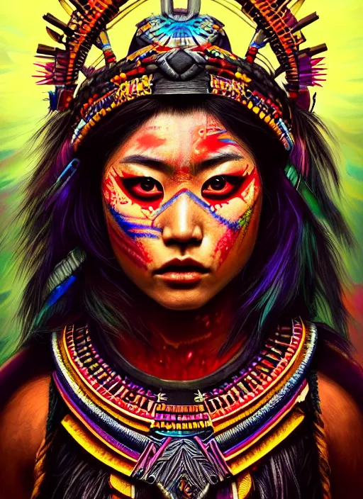 Image similar to portrait of karen fukuhara, hyper detailed ultra sharp aztec shaman warrior. trending on artstation, warpaint aesthetic, bloodwave, colorful, psychedelic, ornate, intricate, digital painting, concept art, smooth, sharp focus, illustration, art by artgerm and greg rutkowski and h. r. giger, 8 k