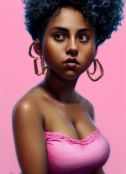 Image similar to full body portrait, teenage vanessa morgan, pink hair, dark skin, obese, curly pixie hair, sultry, realistic, short hair, hoop earrings, skirt, shirt, fat, belly, intricate, elegant, highly detailed, digital painting, artstation, concept art, smooth, sharp focus, illustration, art by wlop, mars ravelo and greg rutkowski