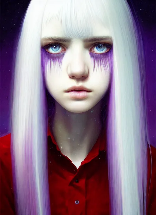 Image similar to hair whitebangs hair, black hair, whitebangs, portrait of teenage girl with white bangs, red irises, purple clothes, white bangs, bangs are different color from hair, intricate, elegant, glowing lights, highly detailed, digital painting, artstation, concept art, smooth, sharp focus, illustration, art by wlop, mars ravelo and greg rutkowski