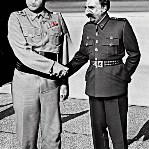 Image similar to alien in military uniform shaking hands with stalin, top secret style, realistic photo, 1 9 7 0 s, color