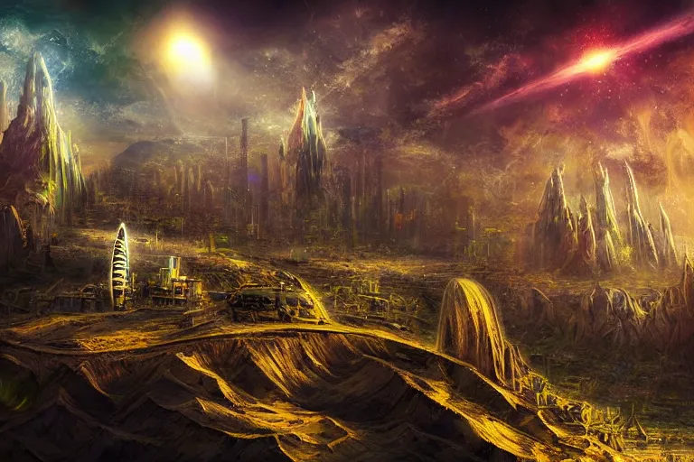 Image similar to favela spaceship cathedral tornado, underwater desert environment, industrial factory, cliffs, peaks, bright, milky way, award winning art, epic dreamlike fantasy landscape, ultra realistic,