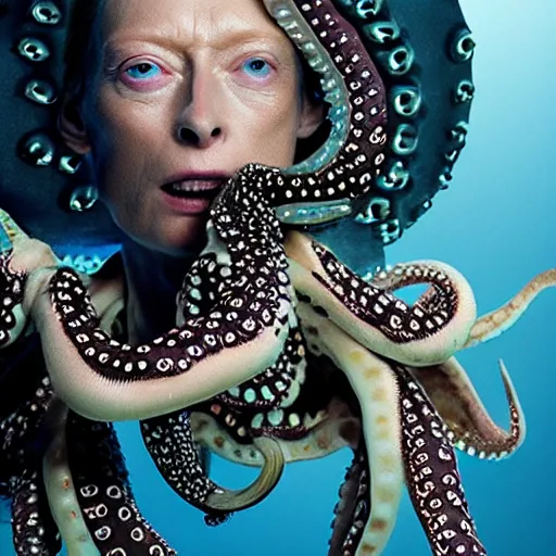 Image similar to closeup studio photograph of tilda swinton as an octopus, dramatic lighting, edited in photoshop