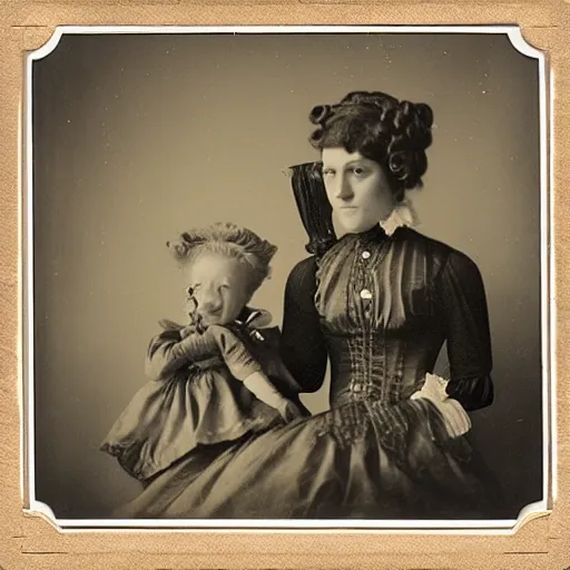 Prompt: portrait of a life size victorian female robot standing in with a human child in her care, 8 k, soft lighting, highly detailed realistic, face in focus polaroid photography