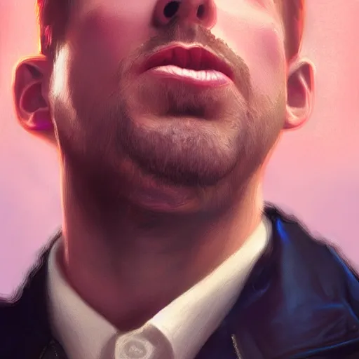 Image similar to ryan gosling, surprised, mouth open, gay, pink lighting ultra realistic photorealistic highly detailed high quality, a stunningly, digital painting, artstation, concept art, smooth, sharp focus, illustration, art by artgerm and greg rutkowski and alphonse mucha 8 k