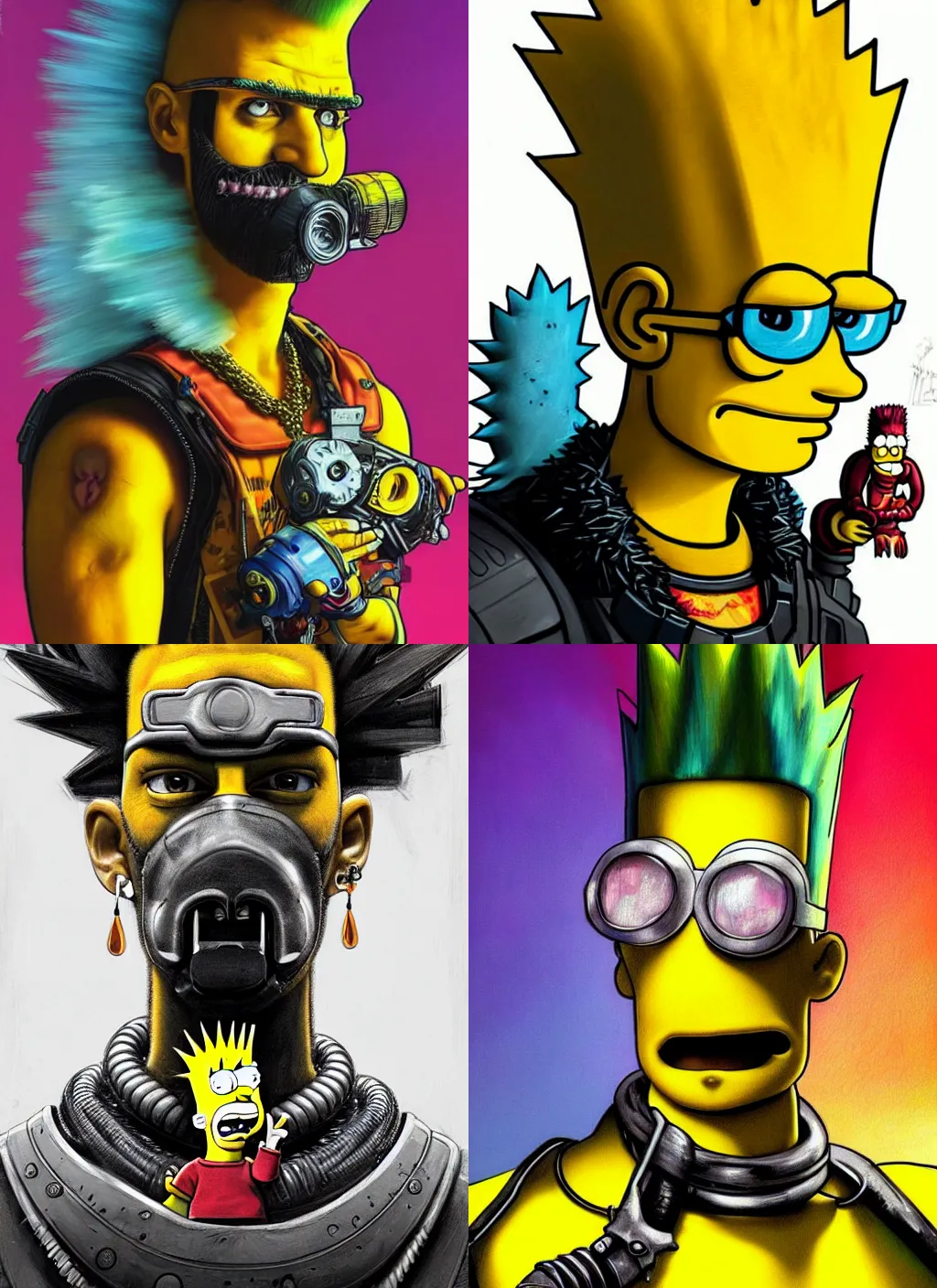 Prompt: portrait of Bart Simpson, with a mohawk, with a parrot on his shoulder, as a character in arabian Cyberpunk 2077, looking at camera, intricate, dystopian, sci-fi, extremely detailed, digital painting, artstation, concept art, smooth, sharp focus, illustration, intimidating lighting, incredible art by artgerm and greg rutkowski and alphonse mucha and simon stalenhag