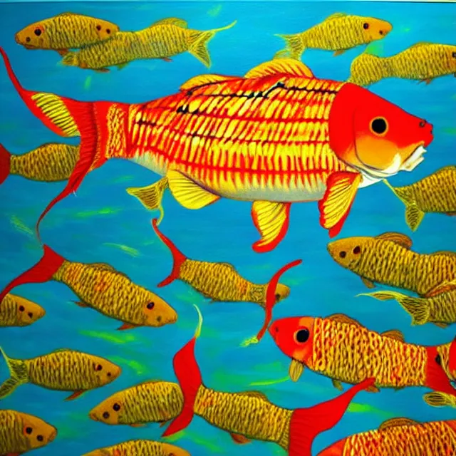 Image similar to a beautiful painting carp swim in the fire, by kusama miyama realistic oil painting