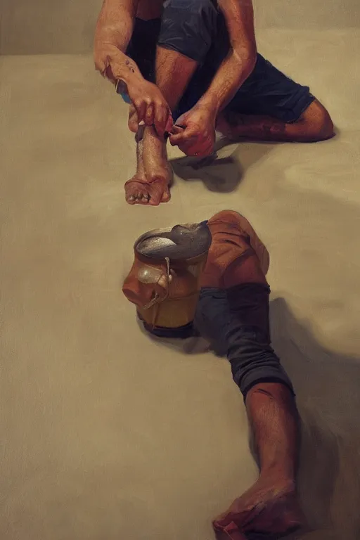 Prompt: george castaneda stabbing his toe, oil on canvas, intricate, portrait, 8 k highly professionally detailed, hdr, cgsociety