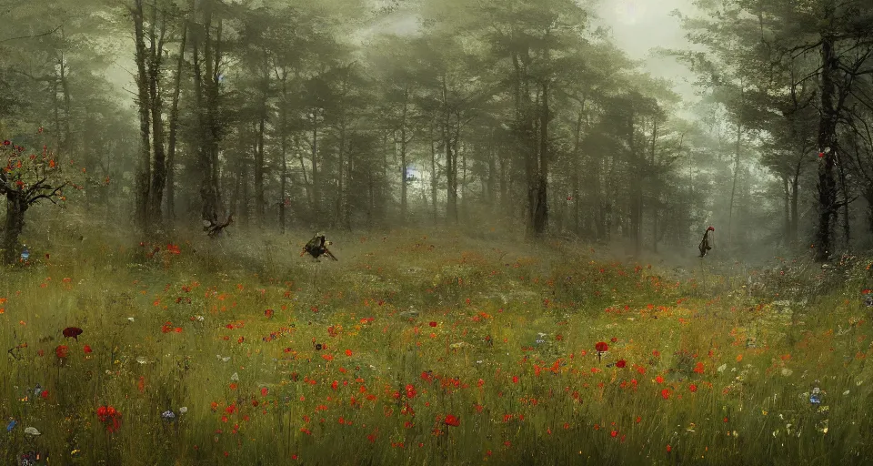 Image similar to Enchanted and magic forest full of wild flowers, by JAKUB ROZALSKI