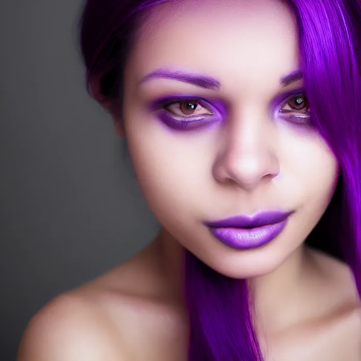 Prompt: photograph of a beautiful! woman with purple skin!!!!!!!. extremely detailed. dslr. 5 0 mm.