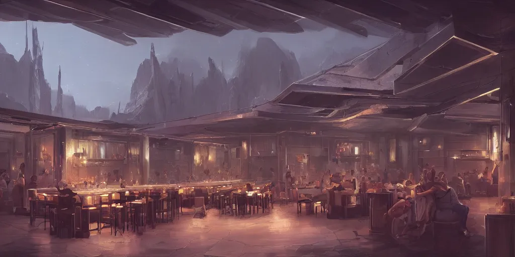 Prompt: science-fiction bar, evening, jazzy, big patio door, luxury, interior design, matte painting, RAPHAEL LACOSTE, greg rutkowski, james gurney, artstation