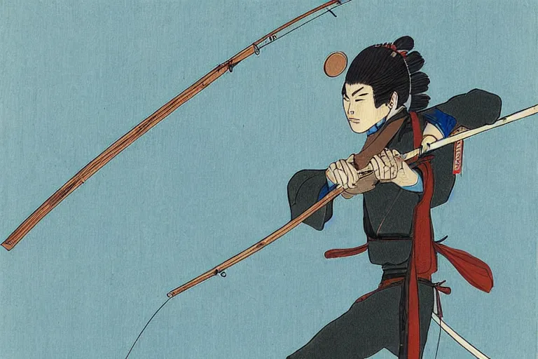 Prompt: a ronin samurai holding a fishing rod, a blue crescent lake by satoshi kon by justing gerard