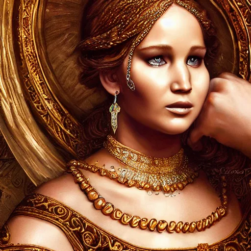 Prompt: !dream realistic detailed dramatic symmetrical portrait of Jennifer Lawrence as Salome dancing, wearing an elaborate jeweled gown, by Michelangelo, gilded details, intricate spirals, coiled realistic serpents, Neo-Gothic, gothic, Art Nouveau, ornate medieval religious icon, long dark flowing hair spreading around her