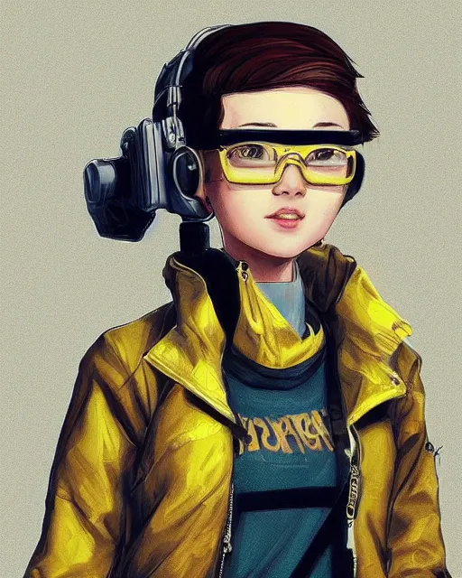 Prompt: teenage girl with short hair wearing yellow jacket and windproof glasses ， like an engineer ， standing in front of the plane ， steampunk ， by yuho kim & neytirix. comic style, unreal 5 trend on artstation