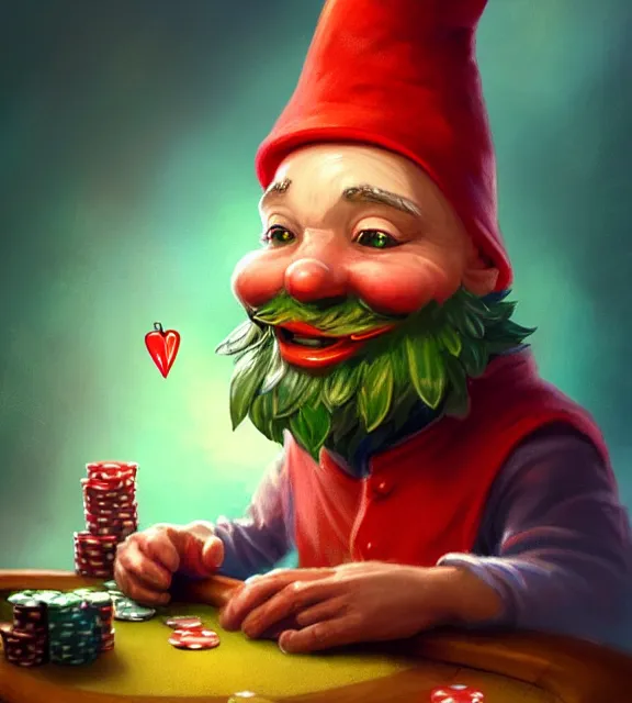Prompt: cute anthropomorphic garden gnome with playing poker, smiling, perfect face, red hat, cinematic, elegant, highly detailed, psychedelic, digital painting, artstation, smooth, hard focus, illustration, art by jessica rossier and and brian froud