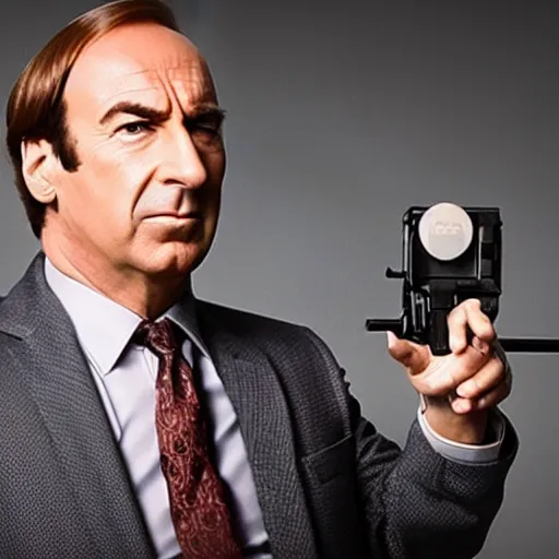 Prompt: saul goodman pointing a revolver at the camera