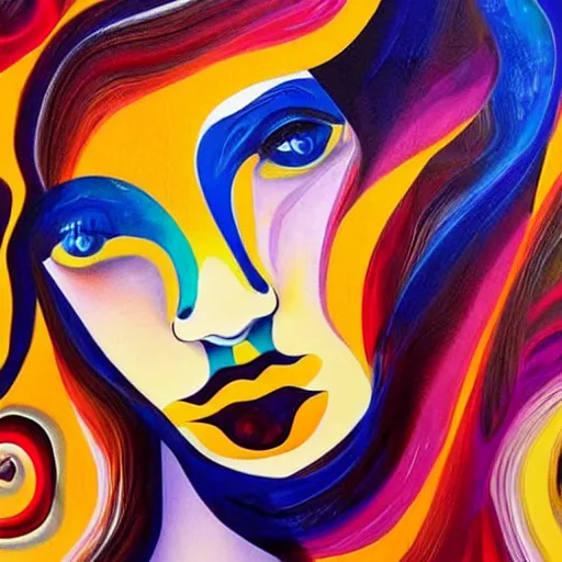 Image similar to abstract art with swirly color liquid acrylic paint and beautiful female face, beautiful color composition, warm colors, black details