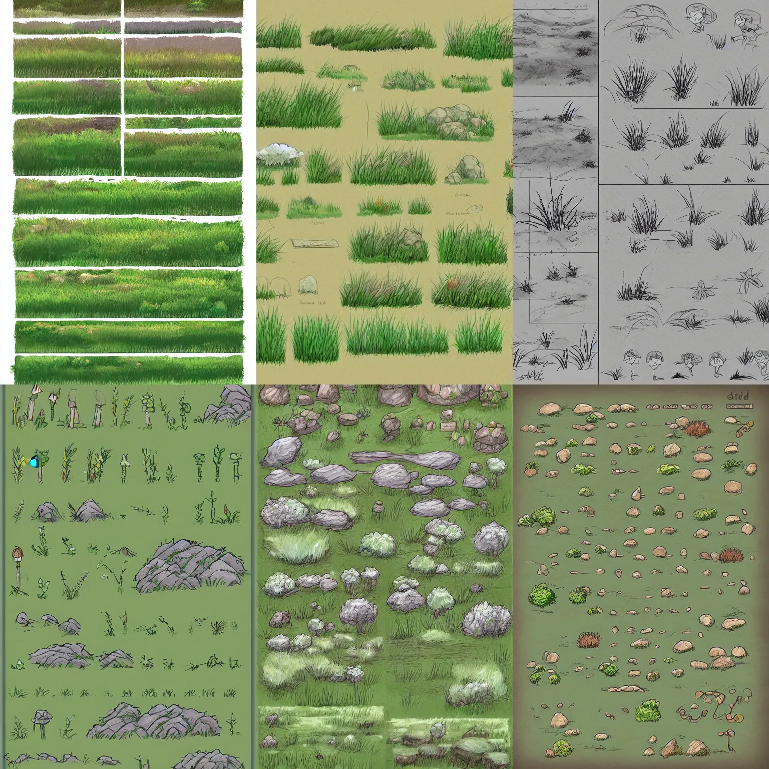 Prompt: landscape grasses, sprite sheet, several different top down, sketch, handpainted, landscape template, full page grid sprite sheet, asset sheet, sprite sheet, in the style of studio ghibli