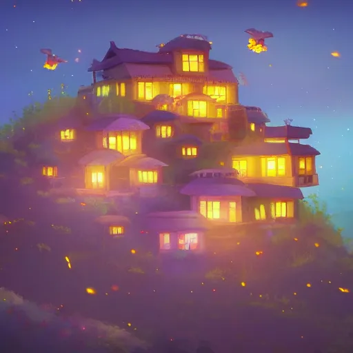 Image similar to beautiful 3 d painting of a colourful house on a hilltop at midnight with small fireflies flying around, in the style of studio ghibli, artstation, unreal engine