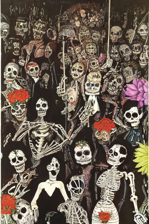 Image similar to scene from wedding, day of the dead, cyber skeletons, queen in black silk in the center, neon painting by otto dix