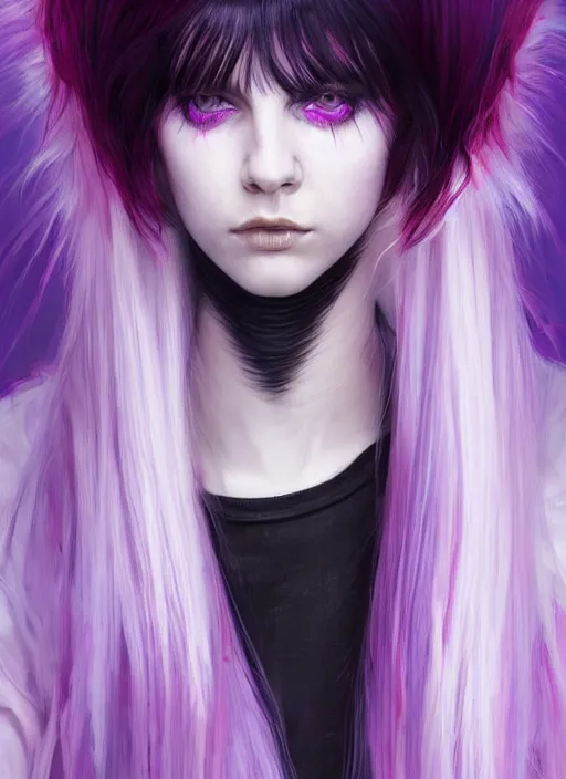 Image similar to hair whitebangs hair, black cyberlox, portrait of normal teenage girl, white bangs, messy bangs, fluffy bangs, cyberlox, whitebangs, red irises, purple background, intricate, elegant, highly detailed, digital painting, artstation, concept art, sharp focus, smooth, illustration, art by wlop, mars ravelo and greg rutkowski