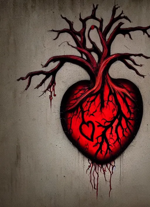 Prompt: graffiti of a dripping anatomical human heart with roots growing above it, sadness, dark ambiance, concept by godfrey blow, banksy, featured on deviantart, sots art, lyco art, artwork, photoillustration, poster art, black and red