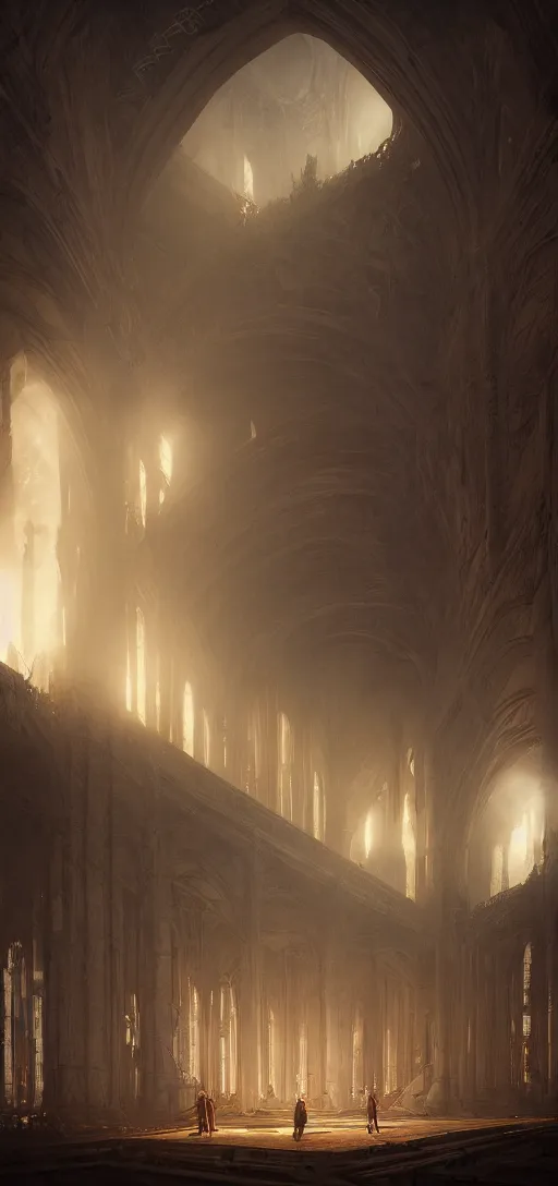 Image similar to pipe organ in an sunken cathedral, obsidian walls with silver trim, smoke, fog, unearthly light, by peter mohrbacher dan mumford craig mullins nekro, cgsociety, pixiv, volumetric light, 3 d render, smoke, dark fog, sunset colors