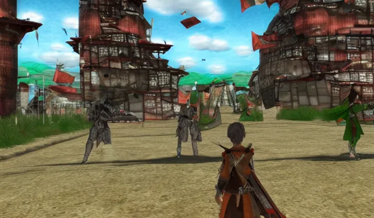 Prompt: Combat in a first-person fantasy RPG, PS3 game, 3DCG, with GUI, designed by Tadanori Yokoo!!!!!