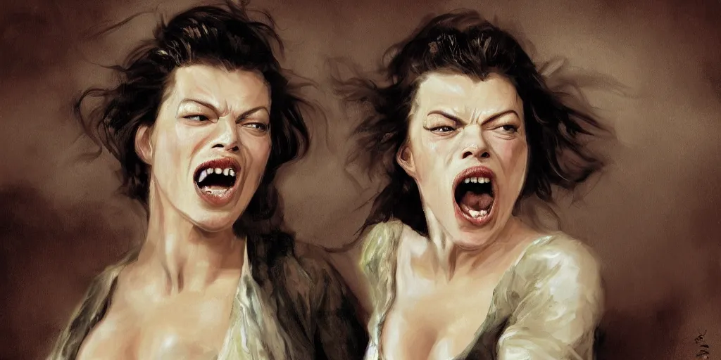 Image similar to portrait of beautiful female Mila Jovovich (yelling) in old west town, in the style of Goya