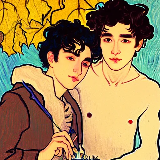 Image similar to painting of young cute handsome beautiful dark medium wavy hair man in his 2 0 s named shadow taehyung and cute handsome beautiful min - jun together at the halloween party, bubbling cauldron, candles, smoke, tarot, autumn colors, elegant, stylized, soft facial features, delicate facial features, art by alphonse mucha, vincent van gogh, egon schiele