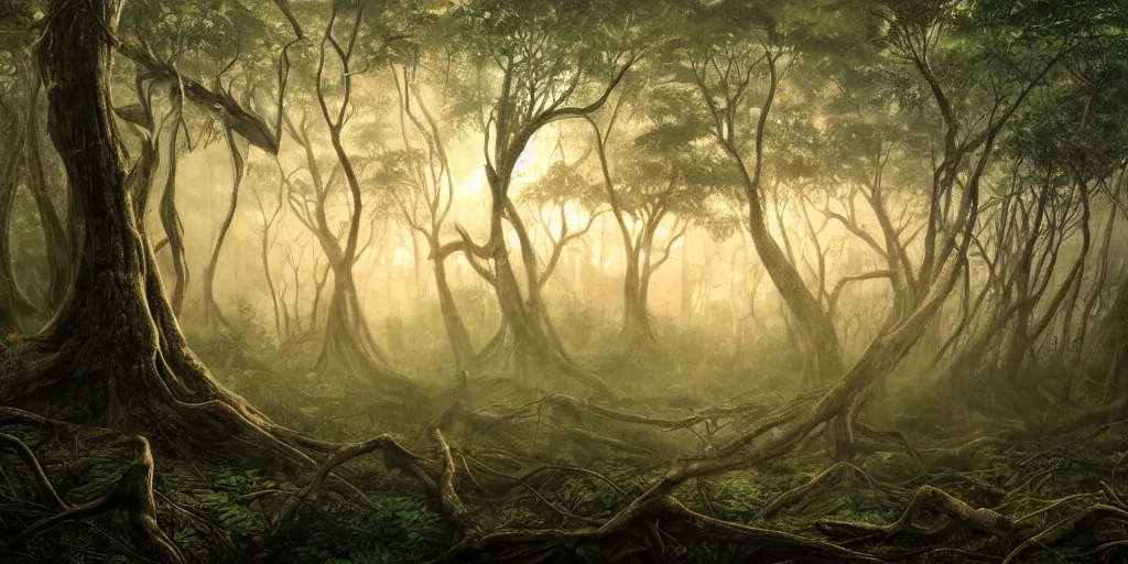 Prompt: ancient neurons with synapses running through the forest during a beautiful sunset, jungle mountains in the background with huge incredibly immense trees, highly detailed, hyperrealism high detailed figure, trending on art station, ancient forest like fanal forest or fangorn forest, misty forest, realistic painting, sharp image, hyper realistic art, highly detailed leaves, cinematic