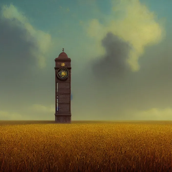 Image similar to a beautiful painting of a clock tower in a field of golden wheat by ivan aivazovsky and zdzisław beksinski and rene magritte and greg rutkowski and james gurney, in style of digital art. hyper detailed. octane render. maya. trending on artstation