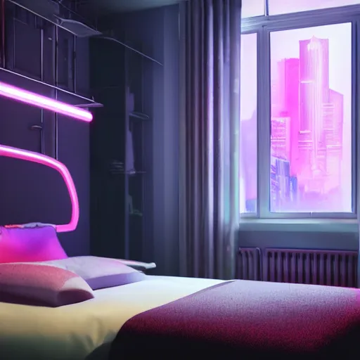 inside a girl room, cyberpunk vibe, neon glowing lights, sharp