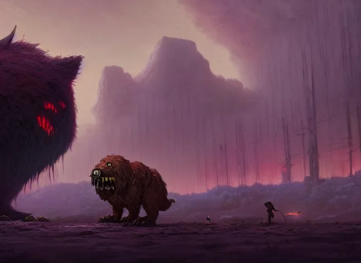 Image similar to giant monstrous aggressive furry creature lurking over a cowering smaller creature, in the foreground a small town, epic science fiction horror digital matte painting by Simon Stalenhag and Mark Brooks (and Greg Rutkowski), extremely detailed, artstation