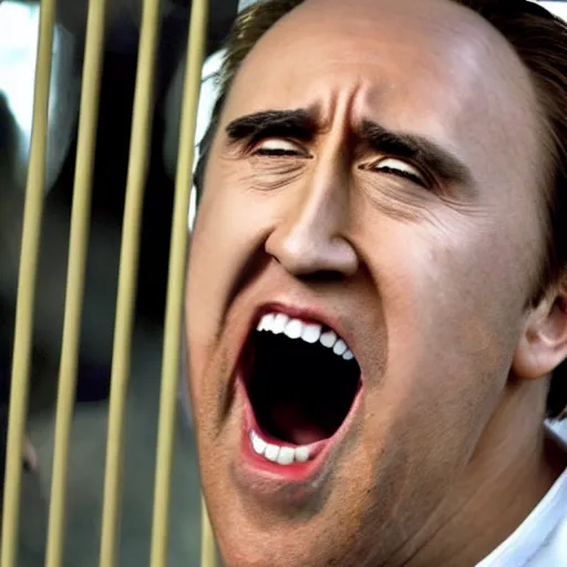 Image similar to a cagey nicholas cage caged in a cage on stage and enraged